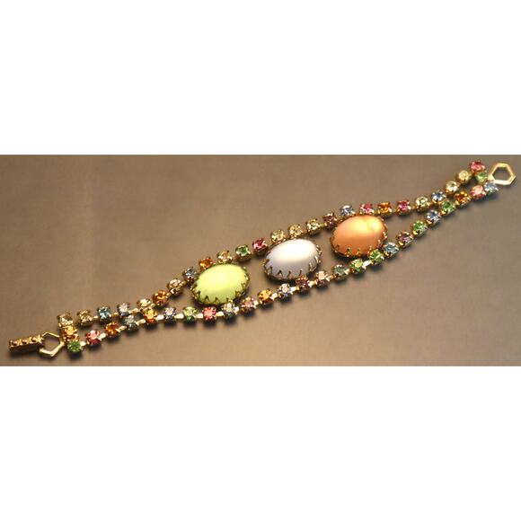 Frosted Glass Rhinestone Bracelet Large Peach Green Blue Satin Stones - Picture 4 of 6